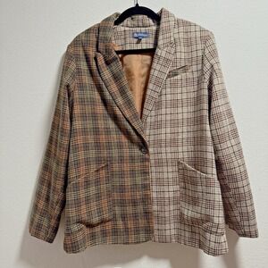 Democracy Blazer Jacket Women's Size L Dark Academia Patchwork Two Tone Plaid